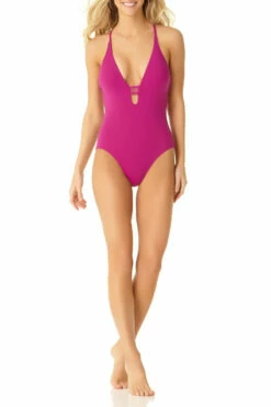 Cole Of California - Mesh Cross Back Plunge Maillot One Piece -SWIMSUITS DIRECT Sales 19co40701 berry 370 v1 current 5