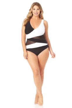 Anne Cole Plus - Mesh V Neck One Piece Swimsuit 9 Anne Cole Plus - Mesh V Neck One Piece Swimsuit -SWIMSUITS DIRECT Sales 22PO07401 BKWH 118