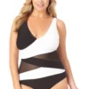 Anne Cole Plus - Mesh V Neck One Piece Swimsuit 1 Anne Cole Plus - Mesh V Neck One Piece Swimsuit -SWIMSUITS DIRECT Sales 22PO07401 BKWH 118 FRONT