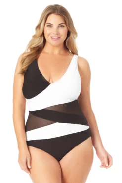 Anne Cole Plus - Mesh V Neck One Piece Swimsuit