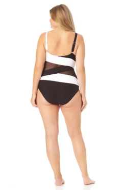 Anne Cole Plus - Mesh V Neck One Piece Swimsuit 10 Anne Cole Plus - Mesh V Neck One Piece Swimsuit -SWIMSUITS DIRECT Sales 22PO07401 BKWH 141