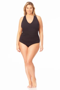 Anne Cole Plus - V Neck Cross Back One Piece -SWIMSUITS DIRECT Sales 22PO09101 BLK 002