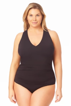 Anne Cole Plus - V Neck Cross Back One Piece -SWIMSUITS DIRECT Sales 22PO09101 BLK 002 FRONT