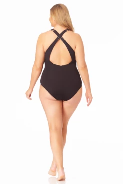 Anne Cole Plus - V Neck Cross Back One Piece -SWIMSUITS DIRECT Sales 22PO09101 BLK 026