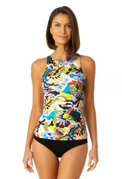 Anne Cole - Women's Front Wrap High Neck Keyhole Tankini Swim Top -SWIMSUITS DIRECT Sales 23MT24961 MULT MYMB36001 BLK 0211 FRONT