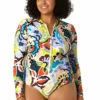 Anne Cole Plus - Women's Long Sleeve Front Zip Rash Guard Swimsuit -SWIMSUITS DIRECT Sales 23PO03061 MULT 1241 FRONT