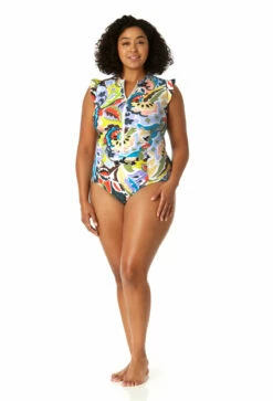 Anne Cole Plus - Women's Flutter Sleeve Zip Up Rash Guard One Piece Swimsuit 8 Anne Cole Plus - Women's Flutter Sleeve Zip Up Rash Guard One Piece Swimsuit -SWIMSUITS DIRECT Sales 23PO07961 MULT 0996
