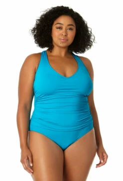 Anne Cole Plus - Women's V Neck Cross Back One Piece Swimsuit 22 Anne Cole Plus - Women's V Neck Cross Back One Piece Swimsuit -SWIMSUITS DIRECT Sales 23PO09101 TURQ 0937 FRONT
