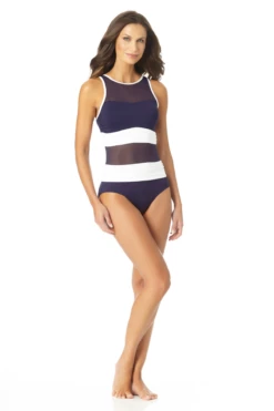 Anne Cole - High Neck Mesh One Piece Swimsuit -SWIMSUITS DIRECT Sales AnneCole HighNeckMeshOnePieceSwimsuit 773 22MO07301 NVWH jpg