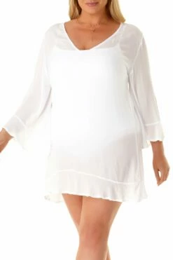Anne Cole Plus - Flounce V Neck Tunic Cover Up 18 Anne Cole Plus - Flounce V Neck Tunic Cover Up -SWIMSUITS DIRECT Sales AnneCole Resort Plus Adjustable Side Slit Skirted Bottom 1656 21PC51001 WHT FRONT jpg