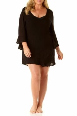Anne Cole Plus - Flounce V Neck Tunic Cover Up 15 Anne Cole Plus - Flounce V Neck Tunic Cover Up -SWIMSUITS DIRECT Sales AnneCole Resort Plus Adjustable Side Slit Skirted Bottom 1772 21PC51001 BLK jpg