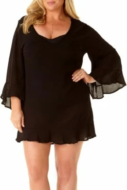 Anne Cole Plus - Flounce V Neck Tunic Cover Up 14 Anne Cole Plus - Flounce V Neck Tunic Cover Up -SWIMSUITS DIRECT Sales AnneCole Resort Plus Adjustable Side Slit Skirted Bottom 1774 21PC51001 BLK FRONT jpg
