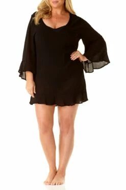 Anne Cole Plus - Flounce V Neck Tunic Cover Up 16 Anne Cole Plus - Flounce V Neck Tunic Cover Up -SWIMSUITS DIRECT Sales AnneCole Resort Plus Adjustable Side Slit Skirted Bottom 1774 21PC51001 BLK jpg