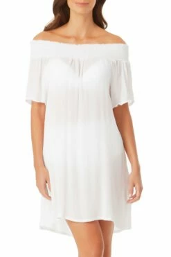 Anne Cole - Smocked Off The Shoulder Cover Up -SWIMSUITS DIRECT Sales AnneCole Resort Smocked Off The Shoulder Cover Up 029 21MC53101 WHT FRONT jpg