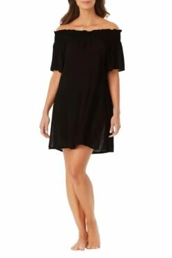 Anne Cole - Smocked Off The Shoulder Cover Up -SWIMSUITS DIRECT Sales AnneCole Resort Smocked Off The Shoulder Cover Up 1921 21MC53101 BLK jpg