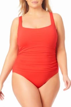 Anne Cole Plus - Square Neck Shirred One Piece 23 Anne Cole Plus - Square Neck Shirred One Piece -SWIMSUITS DIRECT Sales AnneColePlus SquareNeckShirredOnePiece 122 21PO08001 RED FRONT jpg